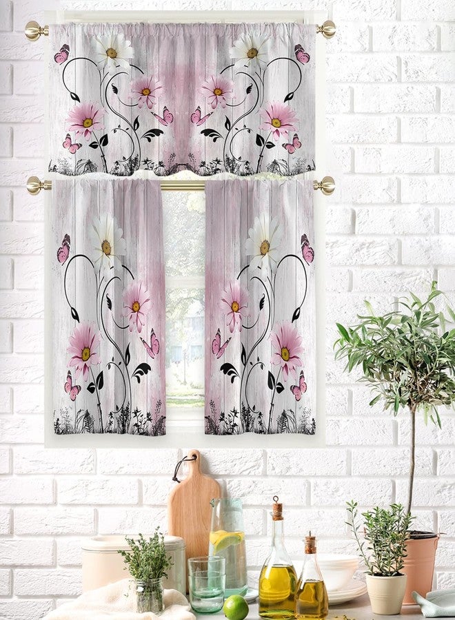 AAtter Pink Floral Kitchen Curtains Valance and Tiers Set 3 Piece Rustic Flower White Daisy Butterfly Rod Pocket Small Short Living Room Bedroom Bathroom Window Drapes 52x18 inch + 26x36 inch*2 - Image 2